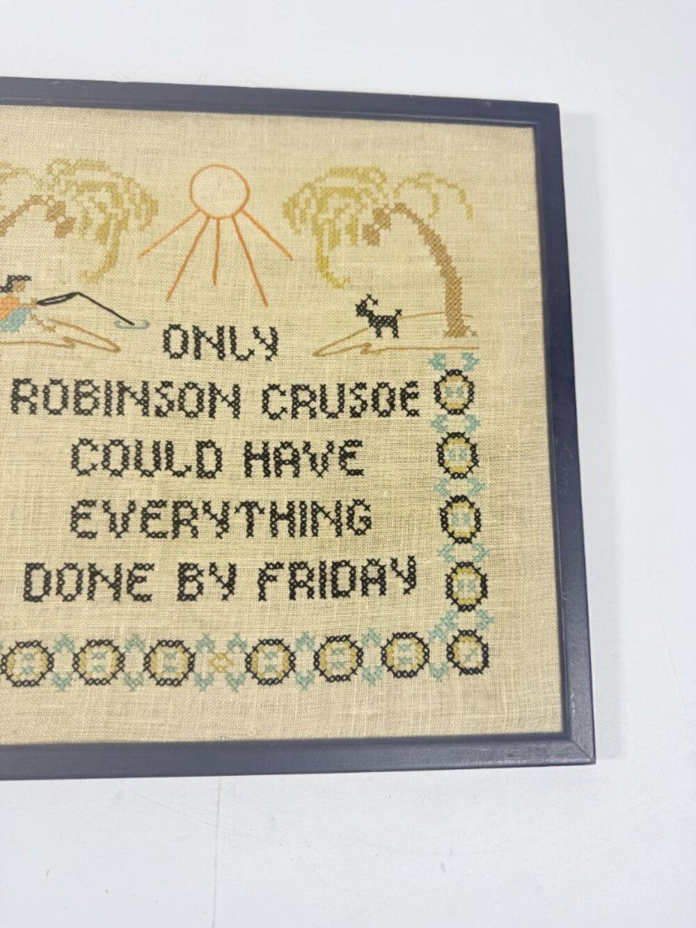 Framed Needlwork Cross Stitch Humor Only Robinson Crusoe Could Have Everything D - Picture 6 of 15